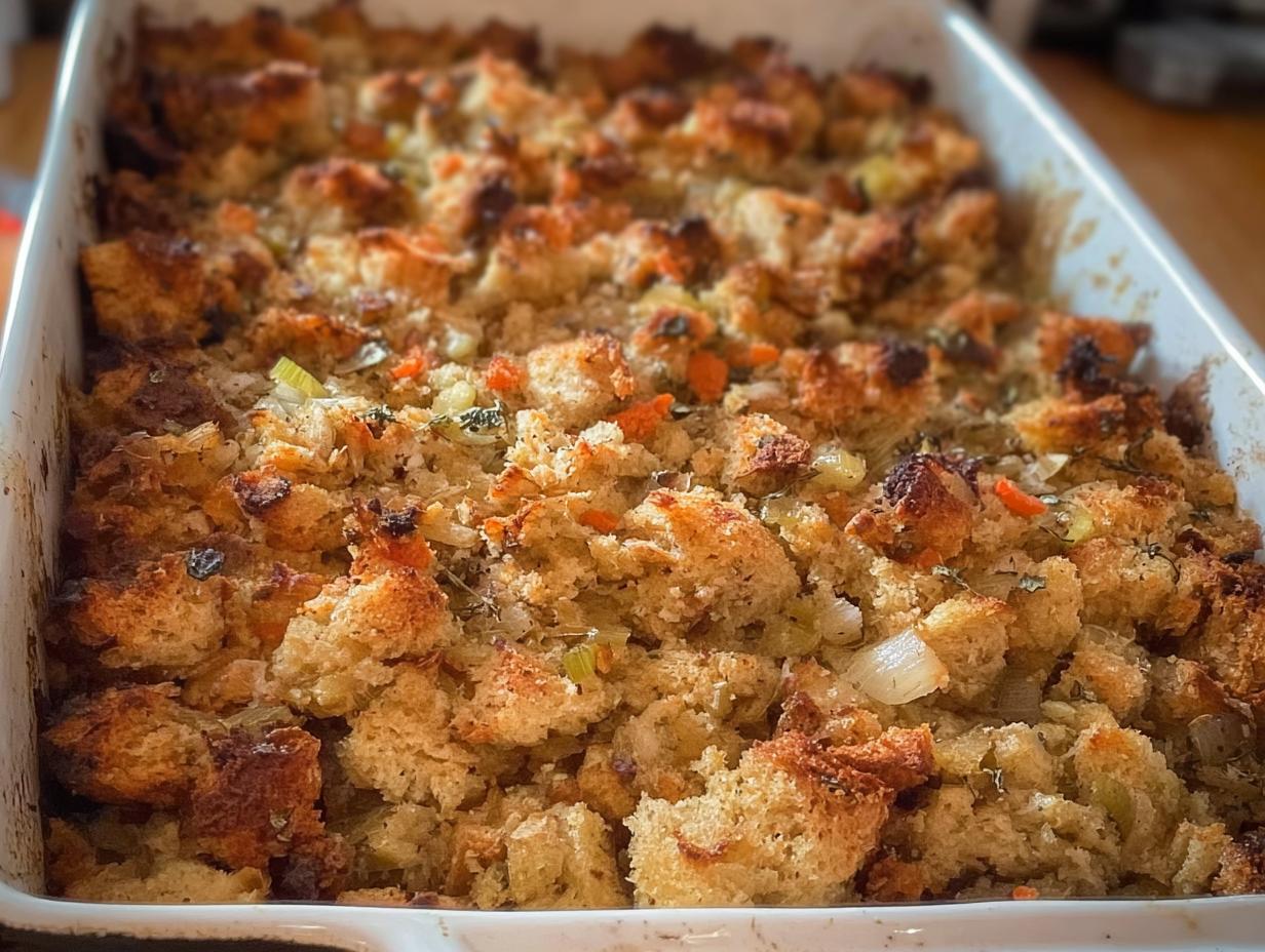 Close-up of a baking dish filled with golden brown, homemade restaurant-style stuffing, featuring bread cubes, vegetables, and herbs.