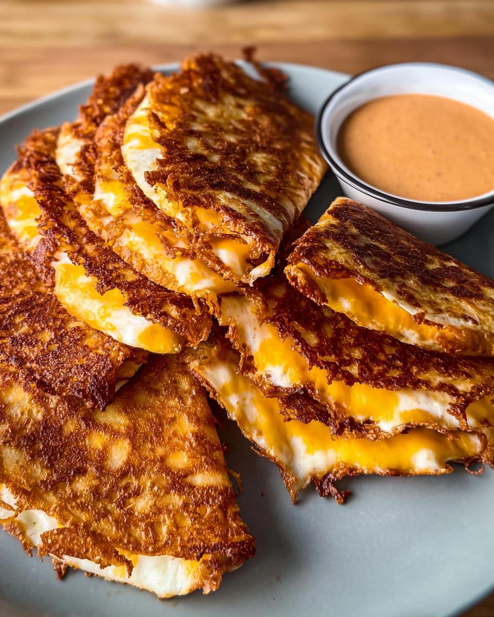 Crispy, golden-brown cheese quesadillas served with a side of dipping sauce, perfect for Restaurant-Style Taco Tuesday Recipes at Home.