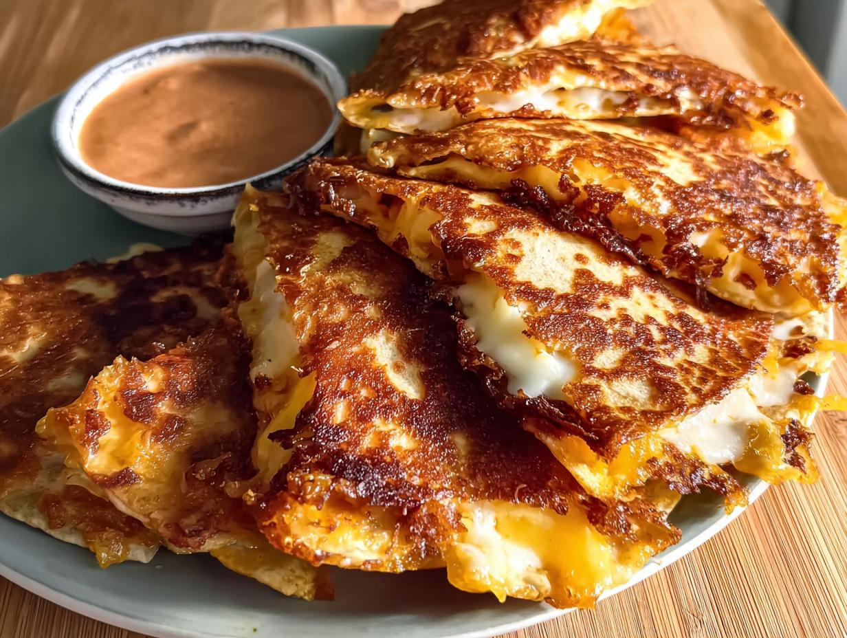 Golden-brown, crispy cheese quesadillas cut into wedges, served with a side of dipping sauce for Taco Tuesday.