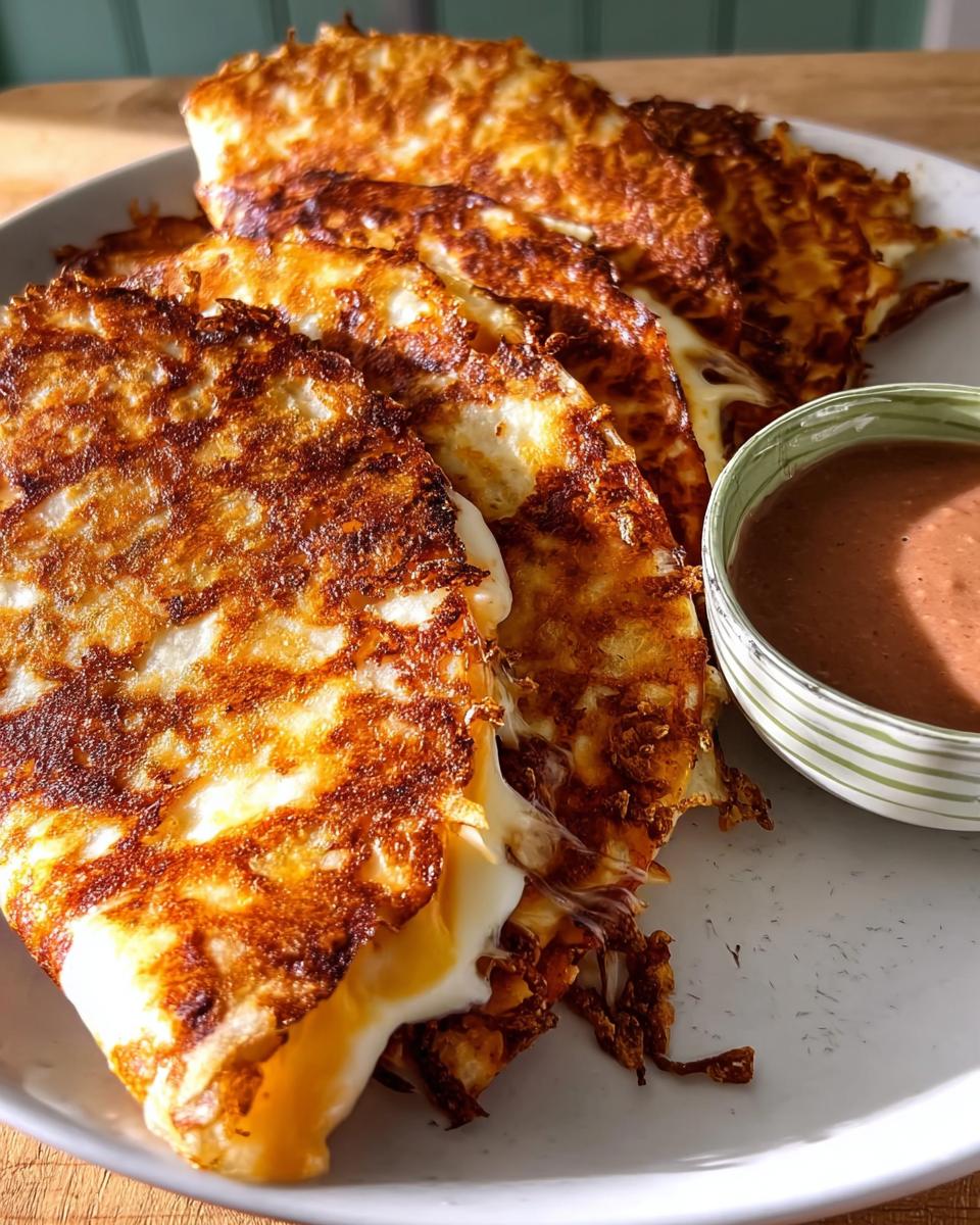 Close-up of golden-brown, crispy cheese quesadillas, a perfect Restaurant-Style Taco Tuesday Recipe at Home, served with a side of refried beans.