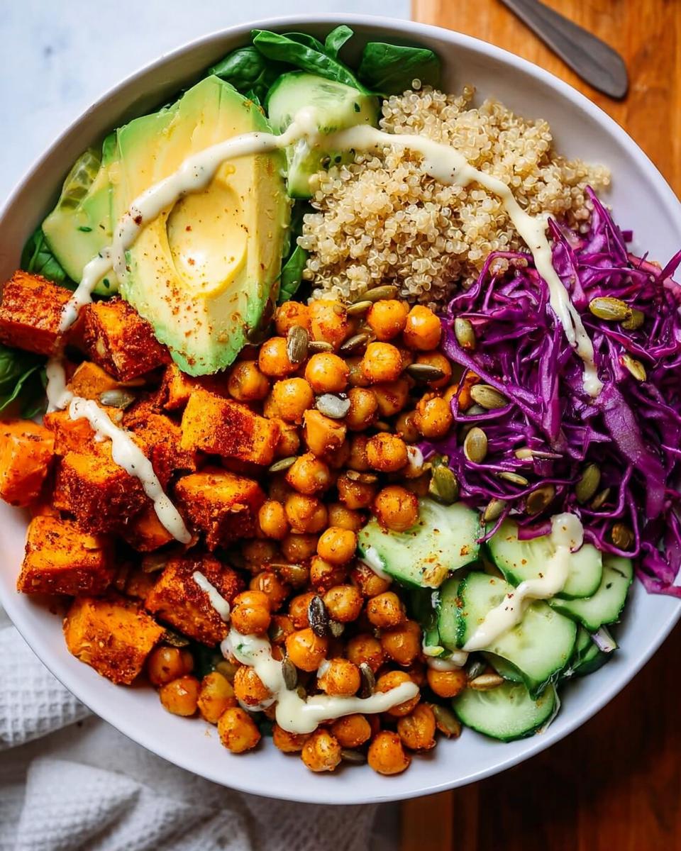 A vibrant and healthy rice bowl recipe featuring quinoa, roasted sweet potatoes, chickpeas, avocado, cucumber, and red cabbage, drizzled with a creamy sauce.