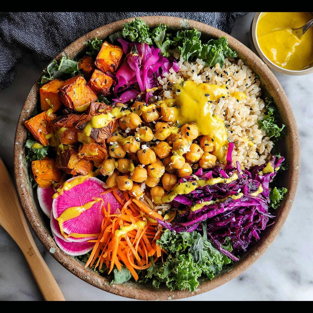 A vibrant and healthy rice bowl recipe featuring brown rice, roasted sweet potatoes, chickpeas, kale, red cabbage, carrots, and radish, drizzled with a yellow dressing.