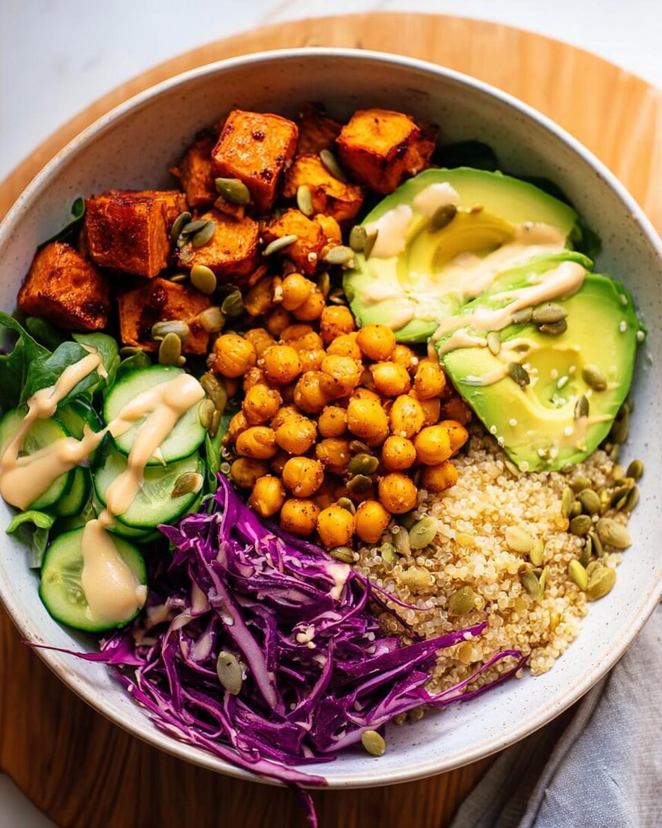 A vibrant and healthy rice bowl filled with roasted sweet potatoes, chickpeas, avocado, quinoa, cucumber, and red cabbage, drizzled with sauce.
