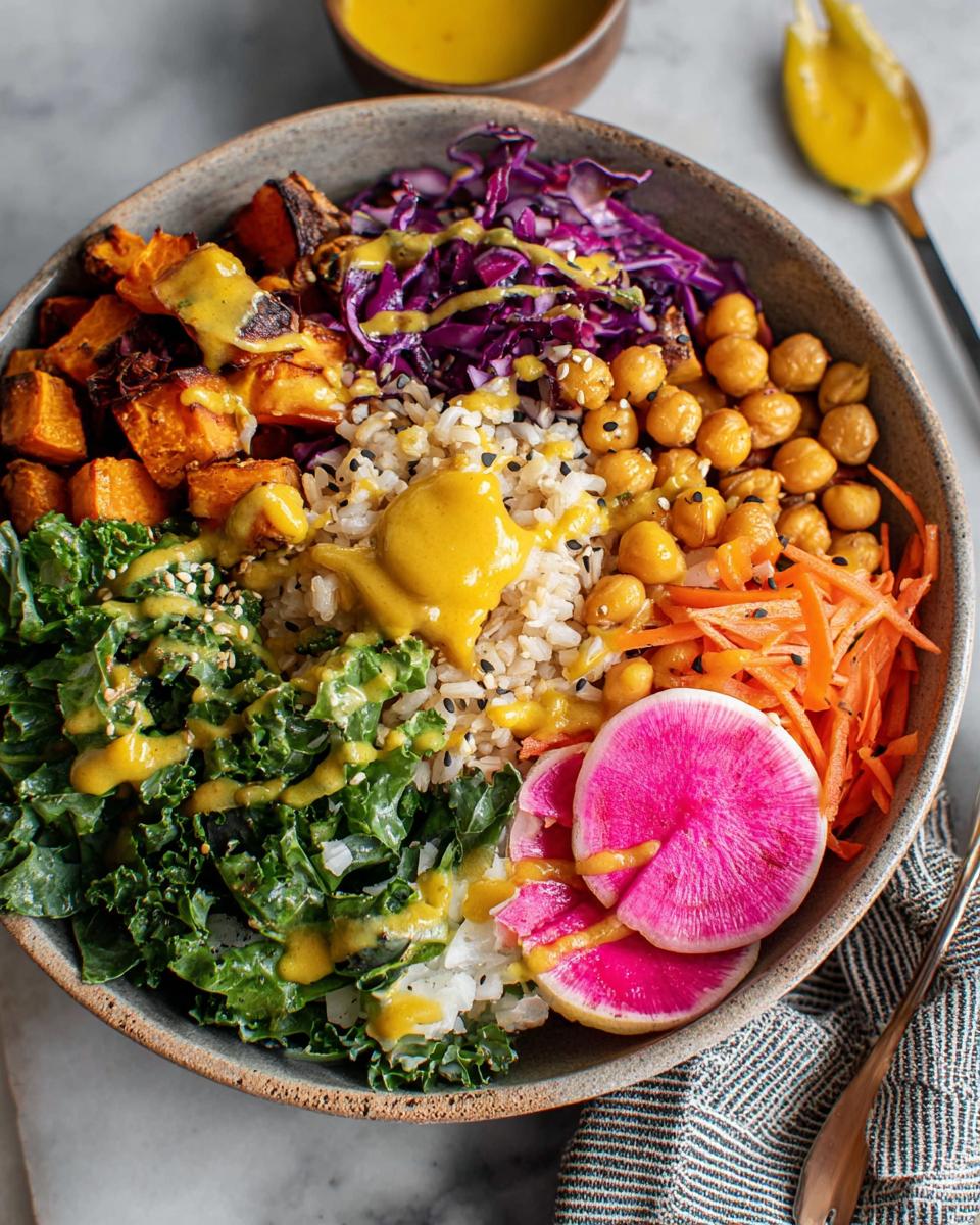 A vibrant and healthy rice bowl recipe featuring brown rice, roasted sweet potatoes, chickpeas, kale, shredded carrots, red cabbage, and watermelon radish, drizzled with a yellow dressing.