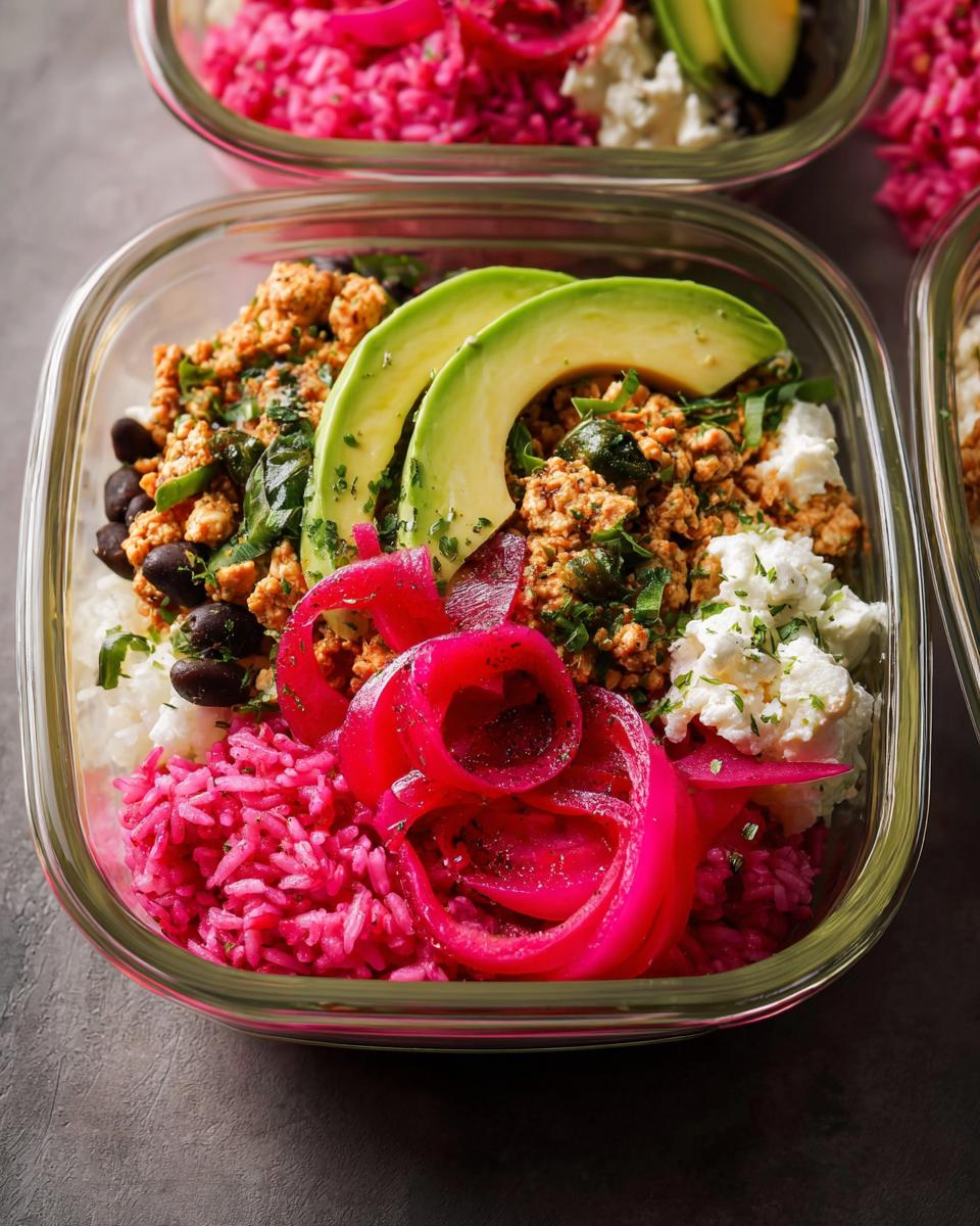 Close-up of a meal prep rice bowl with vibrant pink rice, seasoned ground meat, black beans, avocado slices, and pickled red onions.