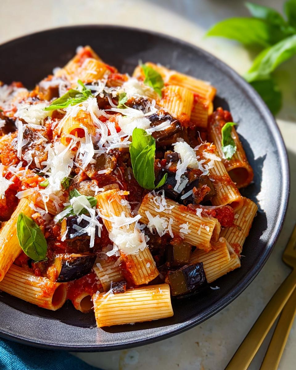 A close-up of rigatoni pasta with eggplant, tomato sauce, and grated cheese, part of 12-Ingredient Pasta Recipes.