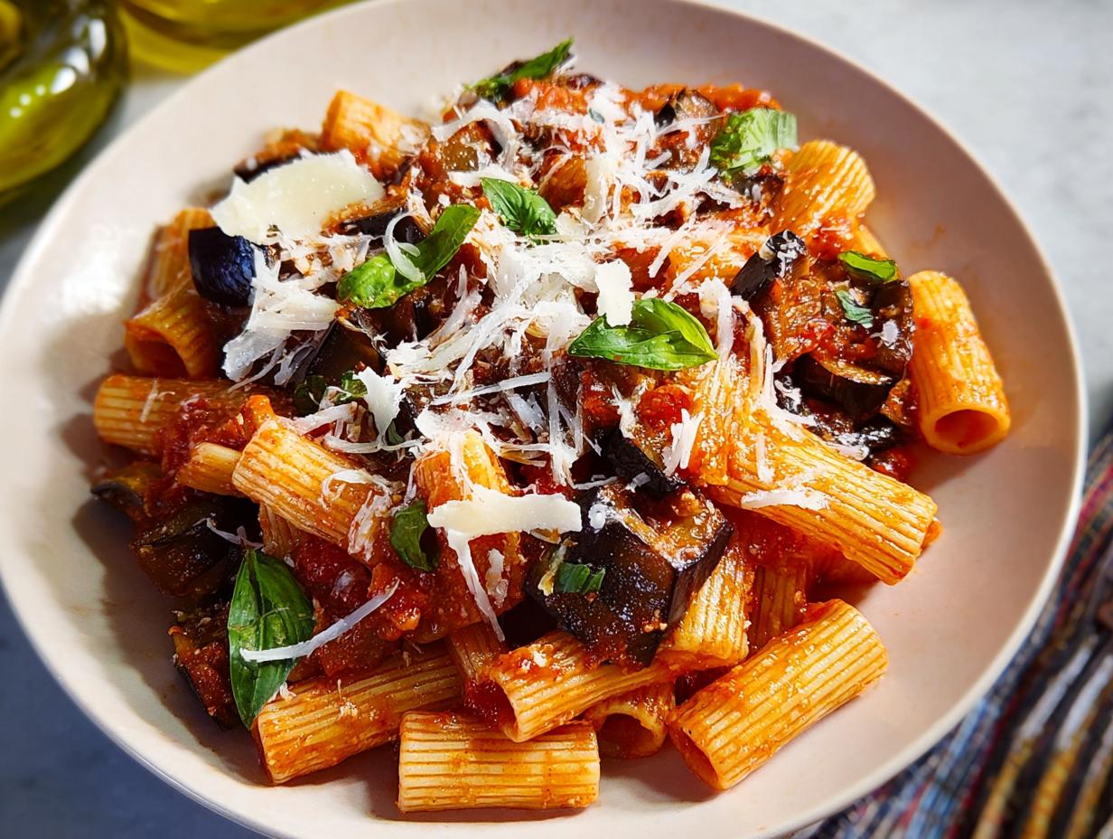 A close-up of rigatoni pasta with a rich tomato sauce, chunks of eggplant, and topped with grated Parmesan cheese and fresh basil.