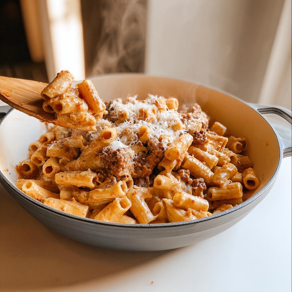 A steaming bowl of rigatoni pasta with meat sauce, topped with grated Parmesan cheese, perfect for busy weeknights.