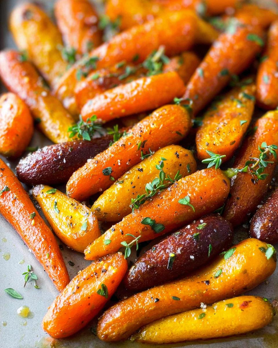 Close-up of a tray of roasted baby carrots, seasoned with herbs and salt, perfect for veggie sides recipes.