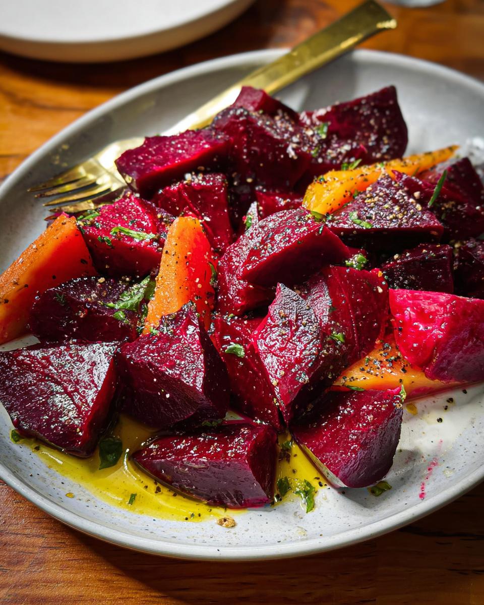 A close-up of a plate of roasted beets and carrots, seasoned with herbs and pepper, showcasing how to make veggie sides recipes.