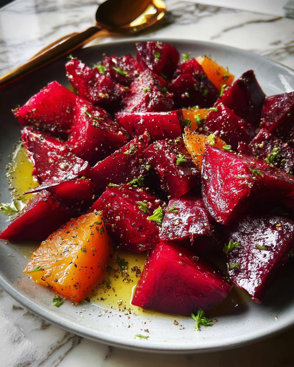 A close-up of roasted beet and orange veggie sides recipe, seasoned with herbs and pepper.
