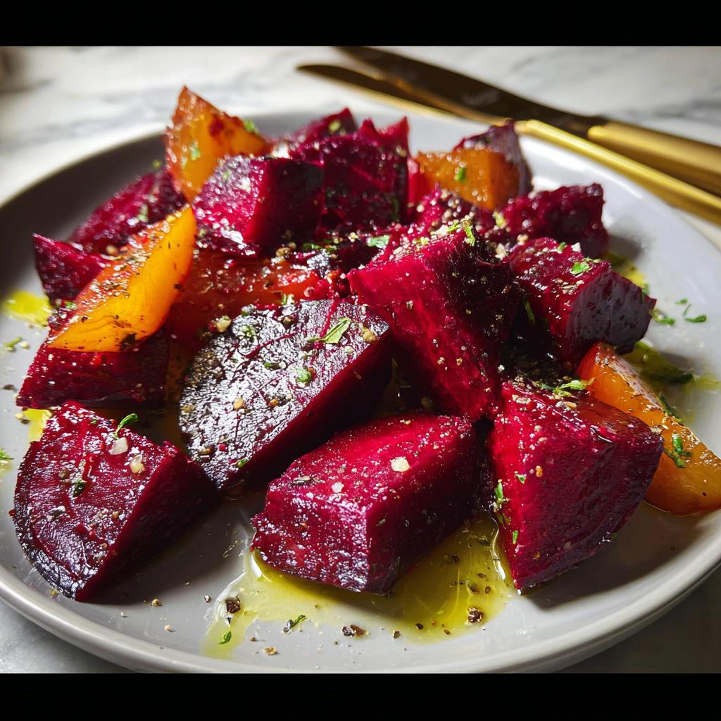 Close-up of roasted beet and orange veggie sides recipe, glistening with olive oil and herbs.