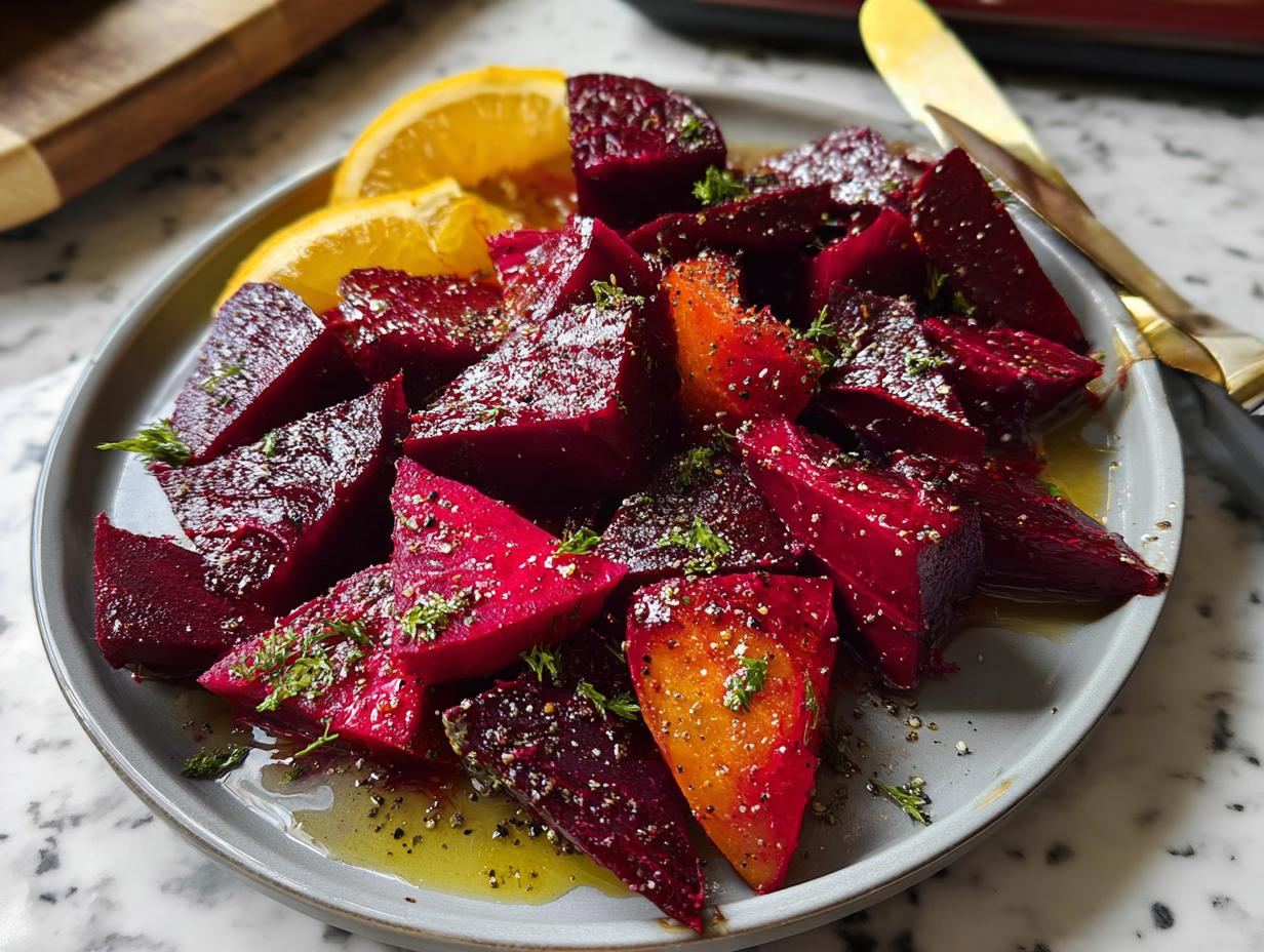 Close-up of a vibrant roasted beet salad with orange slices, drizzled with olive oil and sprinkled with herbs.