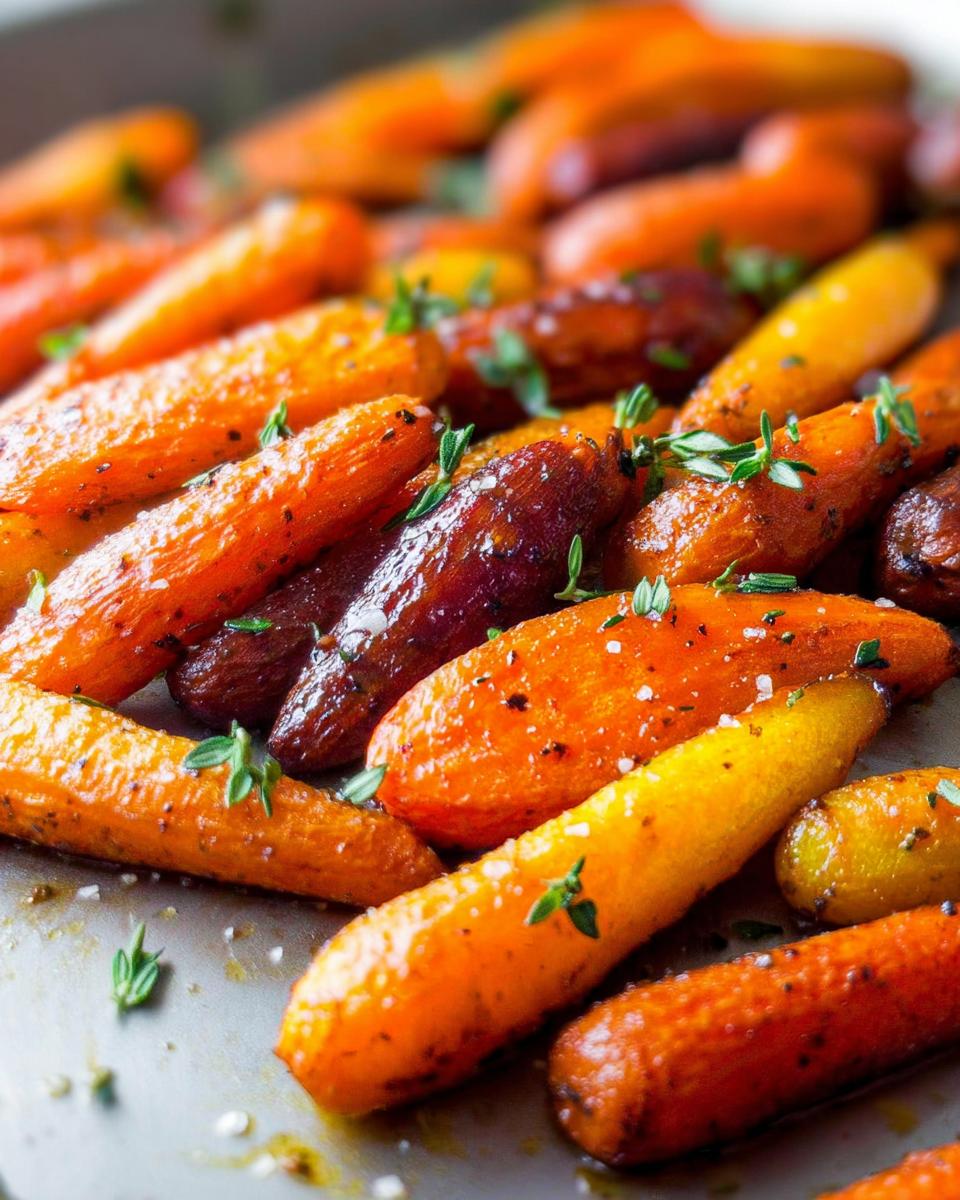 Close-up of roasted baby carrots, glazed and seasoned with herbs, perfect for veggie sides meal prep.
