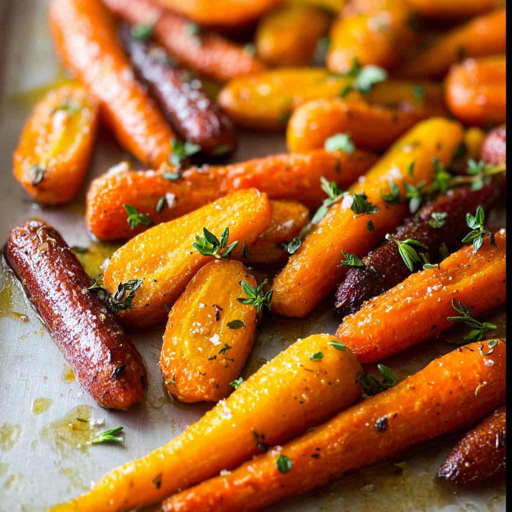 Close-up of perfectly roasted carrots, seasoned with herbs and salt, a tasty veggie sides recipe.