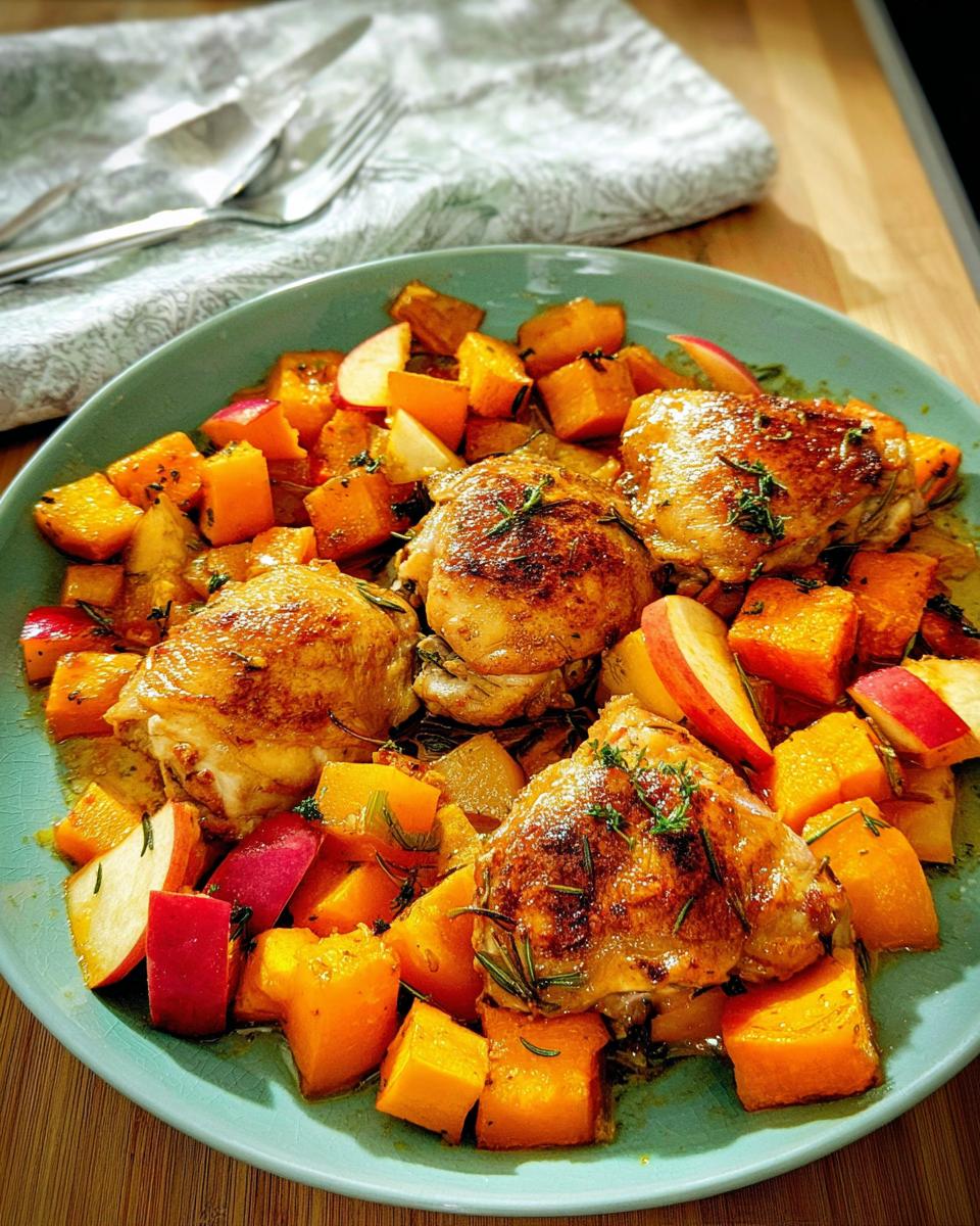 A plate of roasted chicken thighs served with cubed butternut squash and apple slices, garnished with rosemary.
