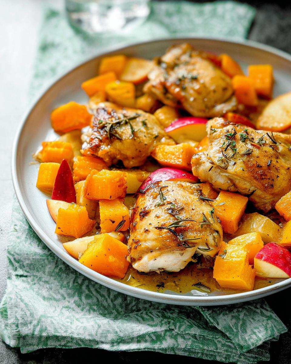 A plate of roasted chicken thighs served with cubed butternut squash and apple wedges, seasoned with herbs.
