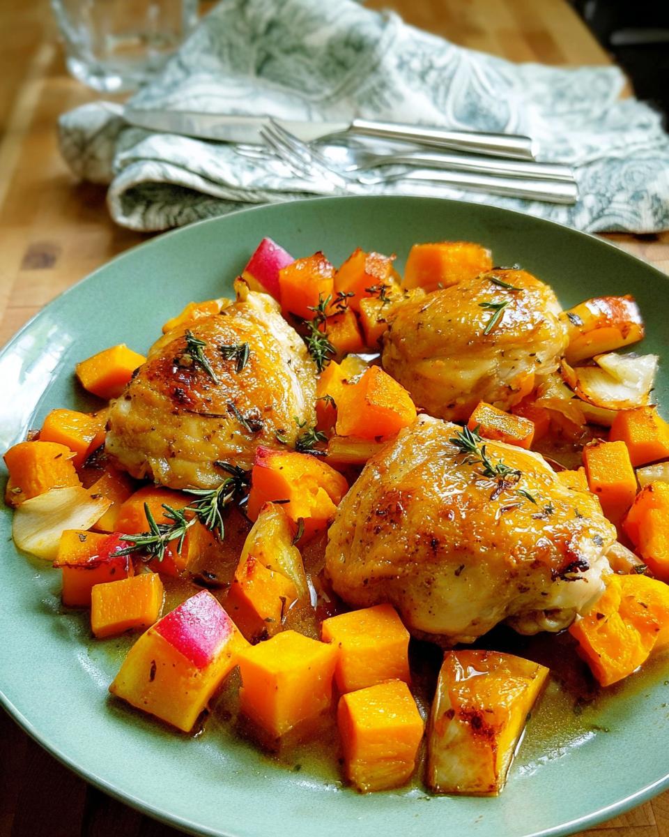 Three golden-brown roasted chicken thighs served with cubes of butternut squash and herbs on a green plate.