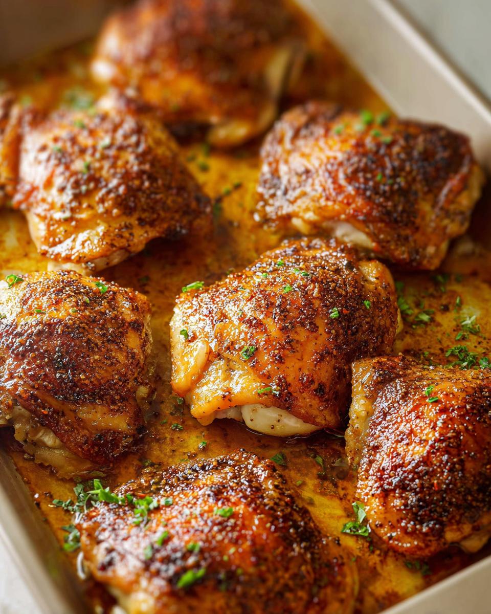 Close-up of perfectly roasted chicken thighs seasoned with spices and herbs, glistening in a baking dish.