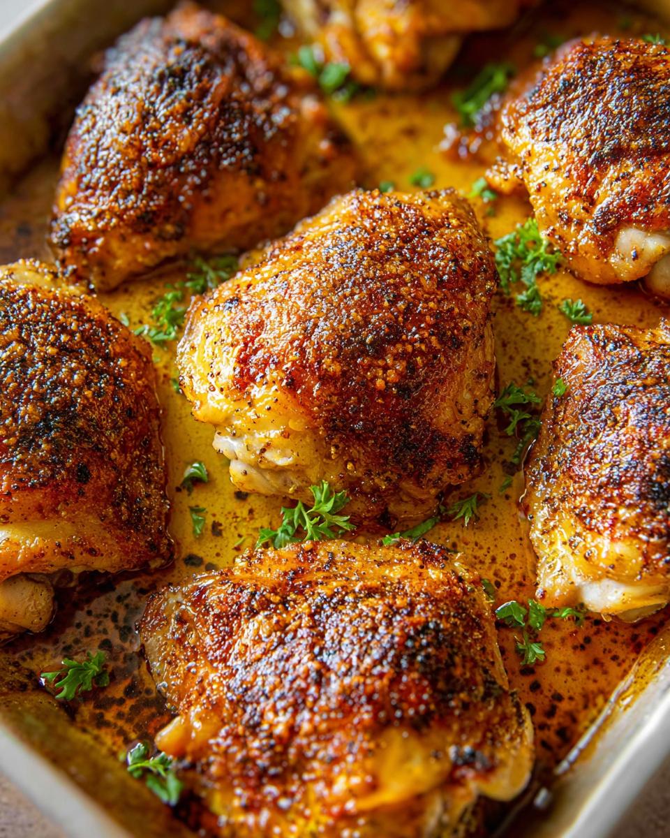Close-up of perfectly roasted chicken thighs with crispy skin, seasoned and garnished with parsley.