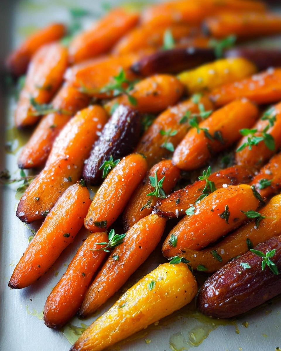 Close-up of colorful roasted carrots, seasoned with herbs and salt, perfect for veggie sides meal prep.