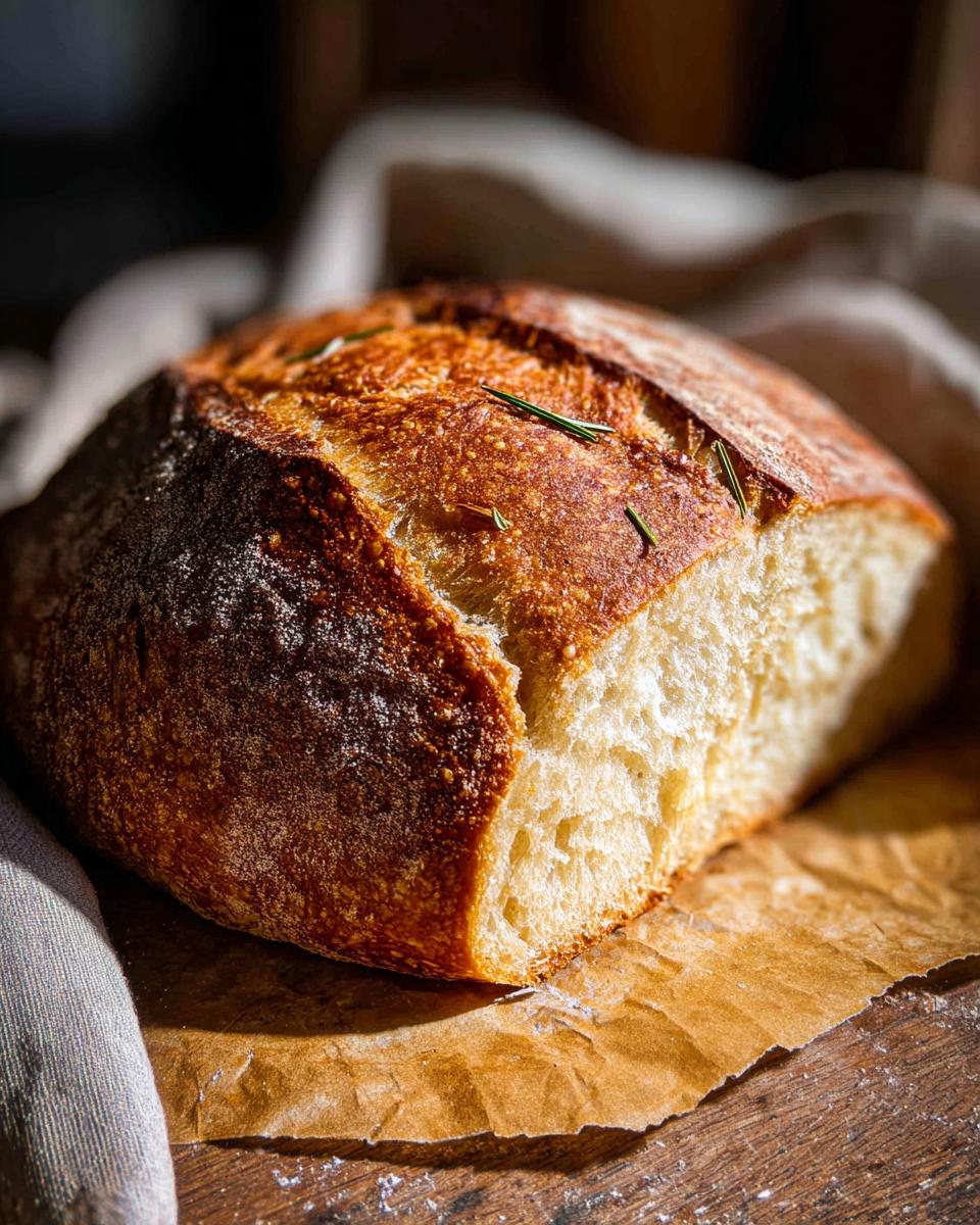A rustic loaf of freshly baked sourdough bread with a golden crust, topped with rosemary sprigs, ready to be part of healthy meals recipes.