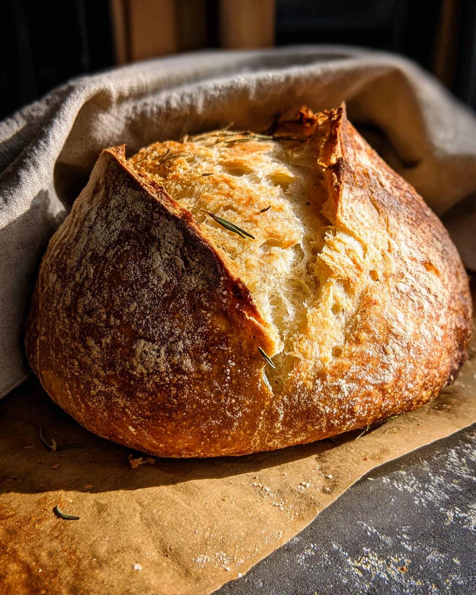 A golden-brown, crusty loaf of rosemary sourdough bread, resting on parchment paper and draped with a linen cloth.