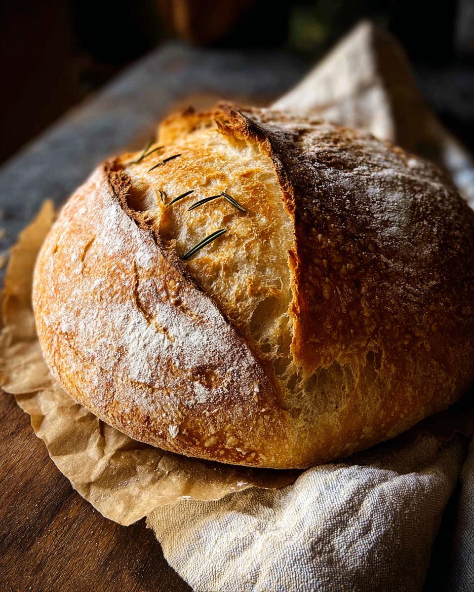 A golden-brown, rustic loaf of rosemary sourdough bread, dusted with flour, on a parchment paper and linen cloth.