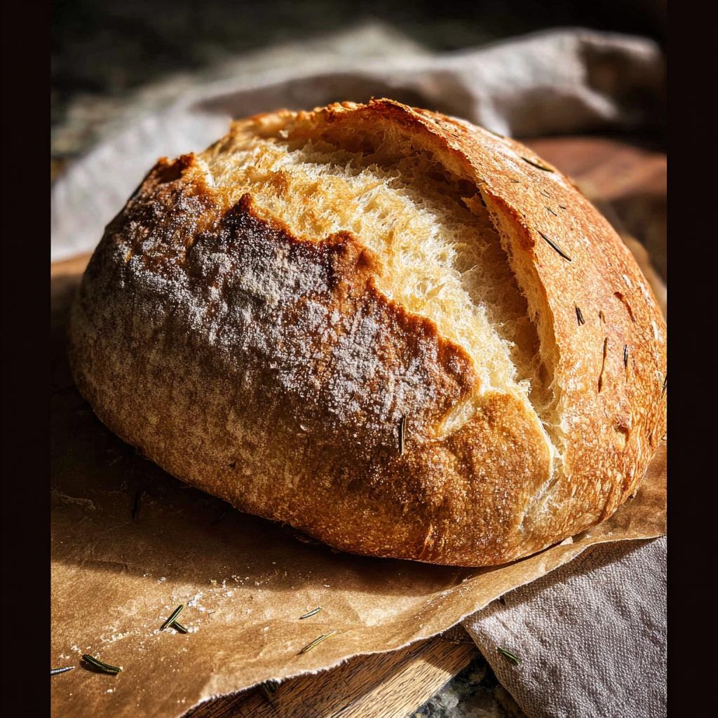 A rustic, golden-brown loaf of rosemary sourdough bread dusted with flour, resting on parchment paper.