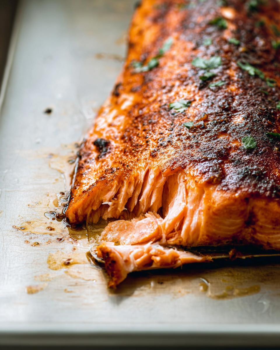 Close-up of a flaky, perfectly cooked salmon fillet with a seasoned crust, ready to be served.