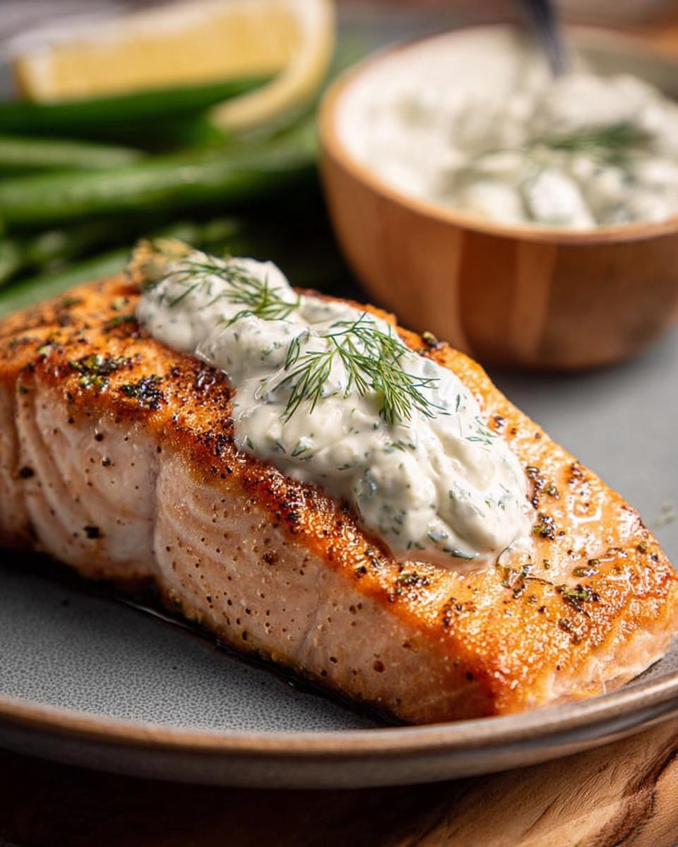 A perfectly cooked salmon fillet topped with creamy dill sauce and fresh dill, served with green beans and a lemon wedge.