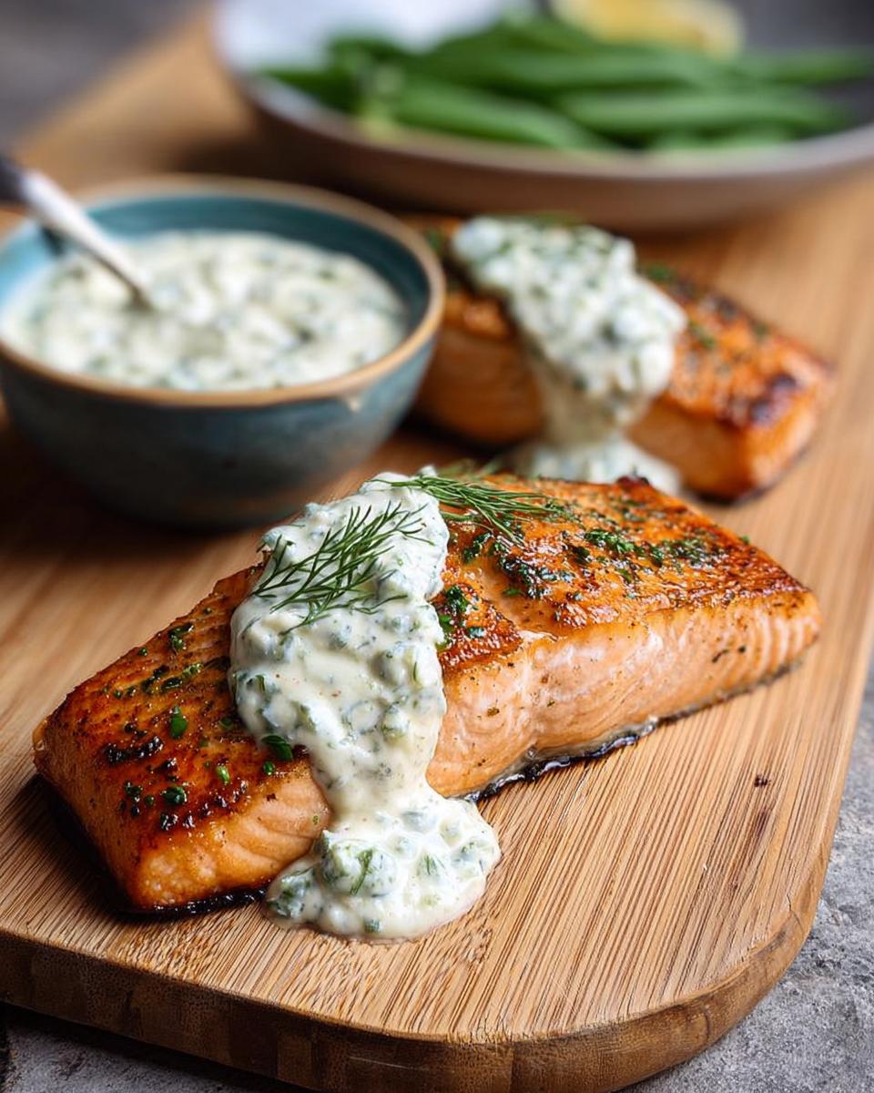 Two perfectly cooked salmon fillets topped with creamy dill sauce, served on a wooden board with a side of green beans.