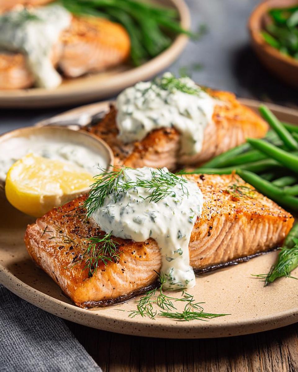 Close-up of perfectly cooked salmon fillets topped with creamy dill sauce and fresh dill, served with green beans and lemon.
