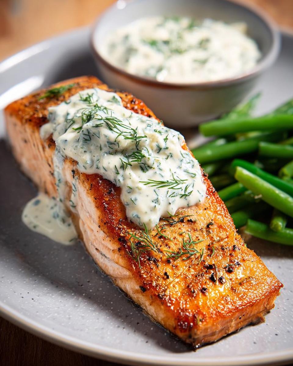 A perfectly cooked salmon fillet topped with creamy dill sauce and served with green beans. This is one of our favorite salmon recipes.