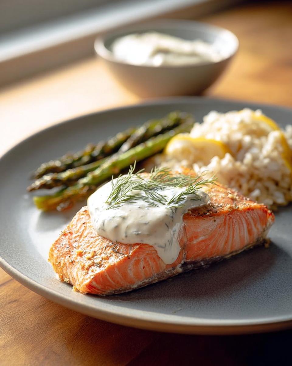 A perfectly cooked salmon fillet topped with creamy dill sauce, served with roasted asparagus and lemon rice.