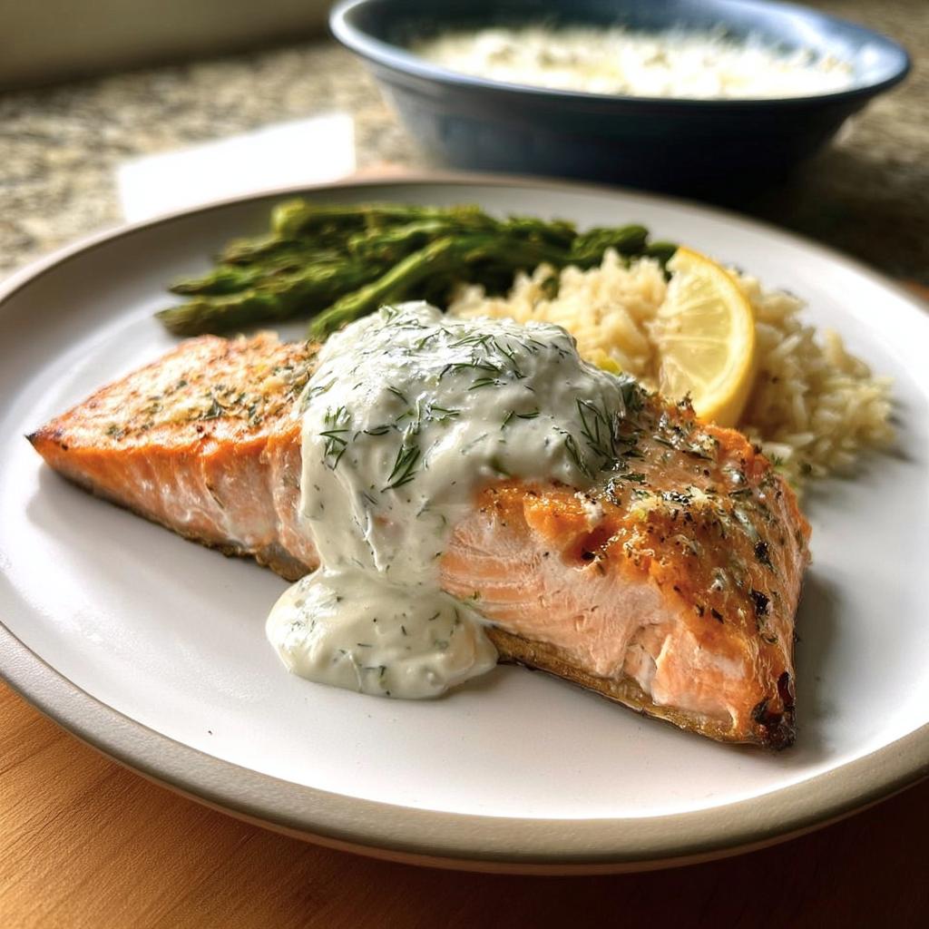 A perfectly cooked salmon fillet topped with creamy dill sauce, served with rice, asparagus, and a lemon wedge.