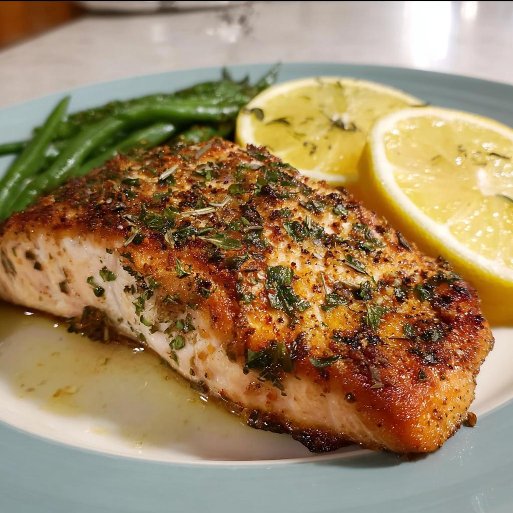 A delicious fillet of salmon, seasoned with herbs and spices, served with steamed green beans and lemon slices.
