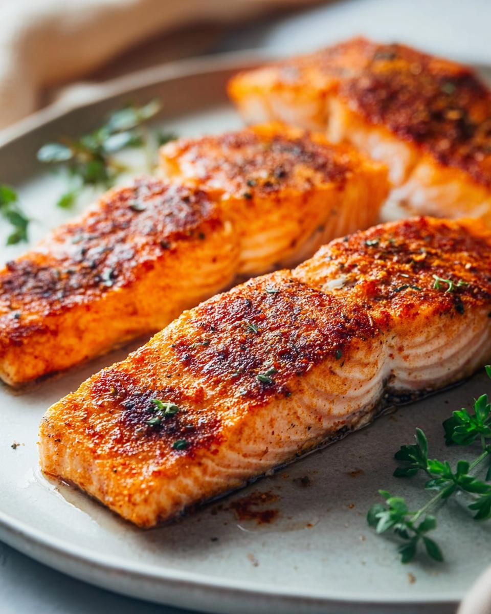 Close-up of three perfectly cooked salmon fillets seasoned and garnished with herbs on a plate.