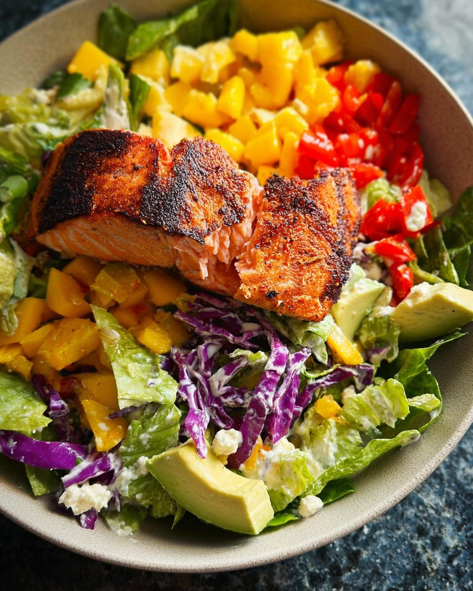 A vibrant bowl featuring a perfectly cooked salmon fillet atop a fresh salad with mango, avocado, red cabbage, and bell peppers.