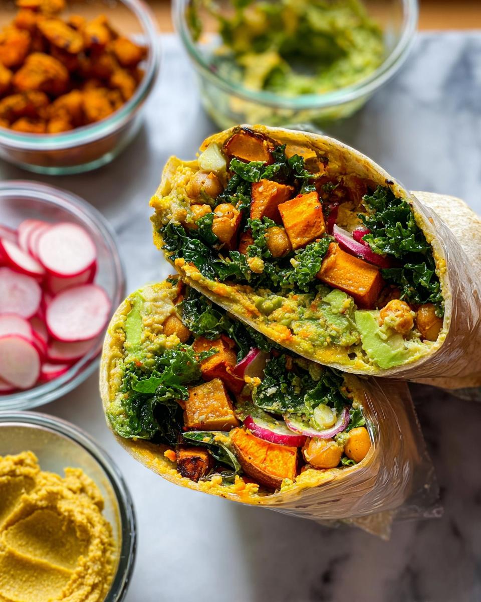 A halved wrap filled with roasted sweet potatoes, chickpeas, kale, avocado, and radishes, perfect for sandwich ideas recipes meal prep.