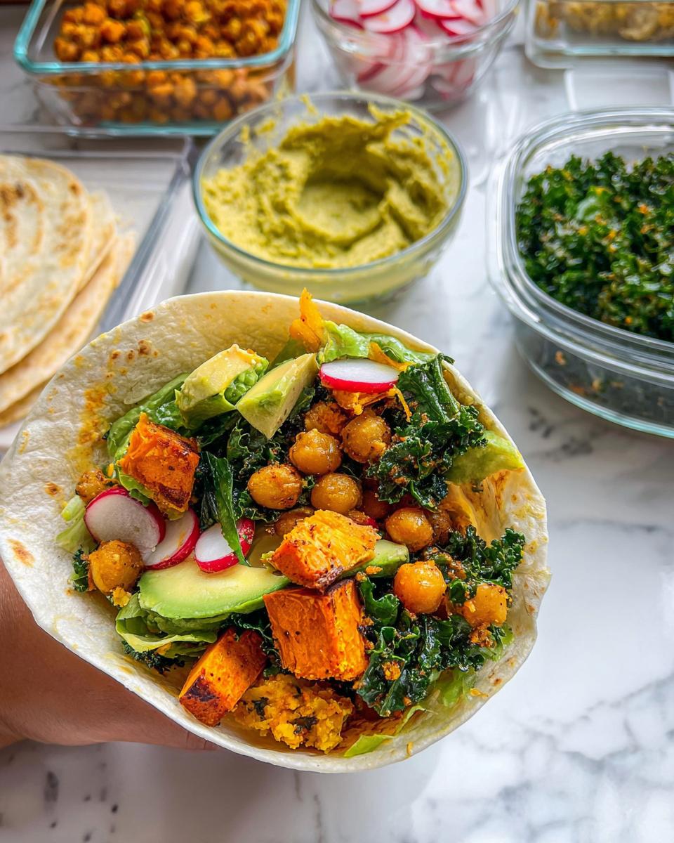 A hand holding a loaded wrap with sweet potatoes, chickpeas, avocado, and kale, showcasing delicious sandwich ideas for meal prep.