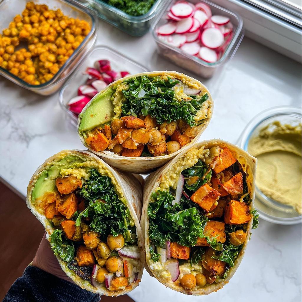 Three wraps filled with roasted sweet potatoes, chickpeas, kale, avocado, and hummus, perfect for sandwich ideas recipes meal prep.