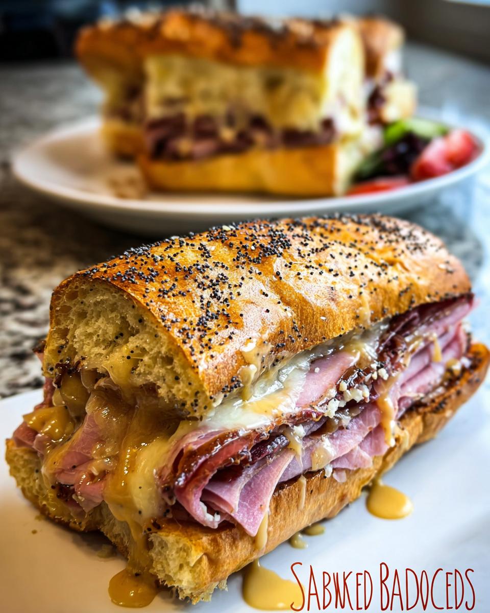 Close-up of a loaded sandwich with ham, melted cheese, and sauce, part of sandwich ideas recipes.