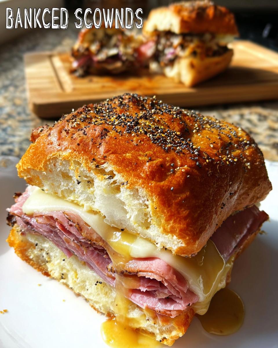 Close-up of a delicious sandwich with ham, melted cheese, and a savory sauce, perfect for sandwich ideas recipes.