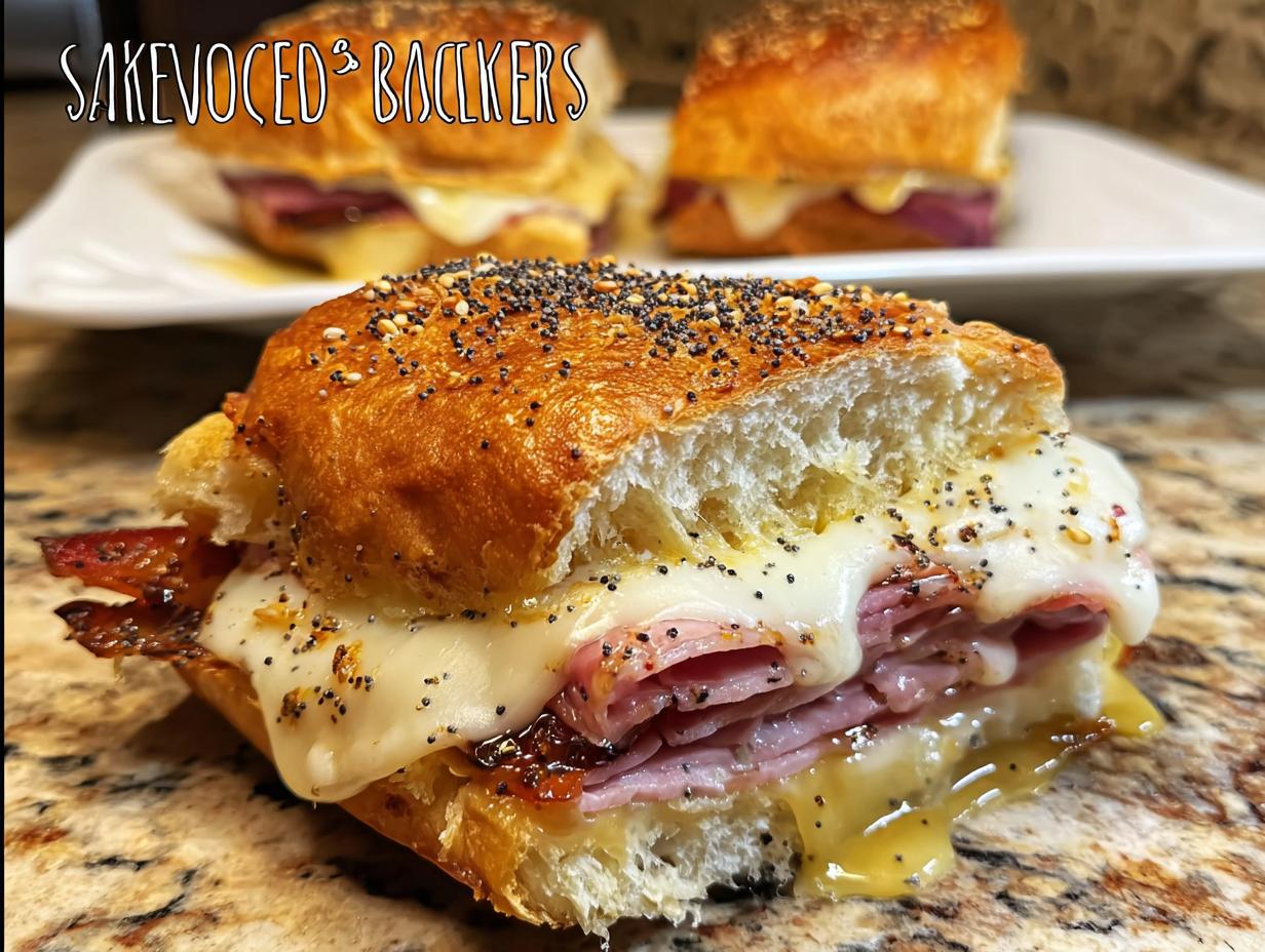 Close-up of a delicious sandwich idea recipe, featuring ham, melted cheese, and crispy bacon on a seeded bun.