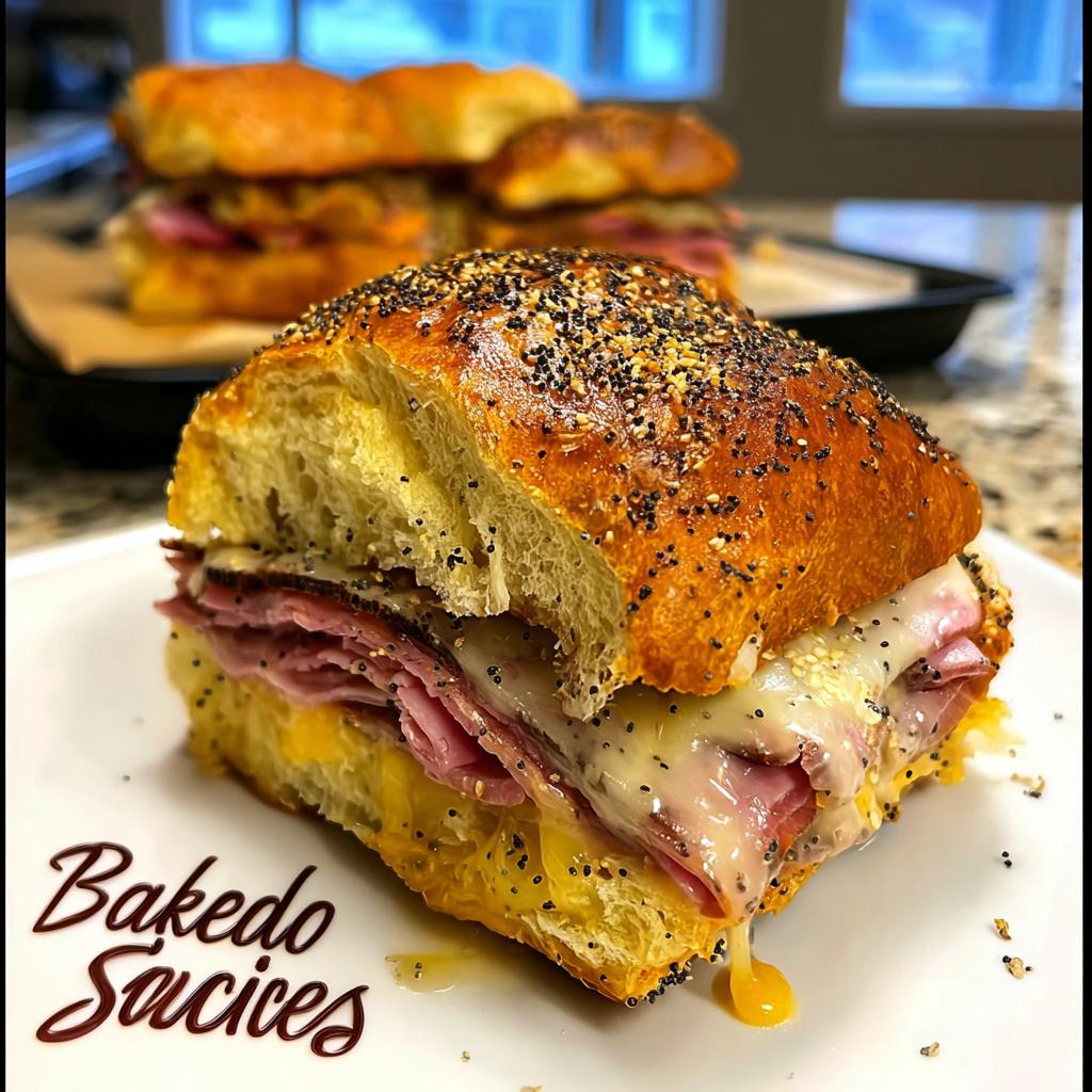 Close-up of a delicious sandwich recipe with layers of ham, melted cheese, and a poppy seed bun.