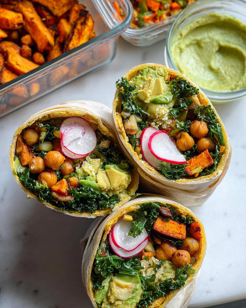 Three colorful wraps filled with chickpeas, sweet potato, kale, avocado, and radish, perfect for sandwich ideas recipes meal prep.