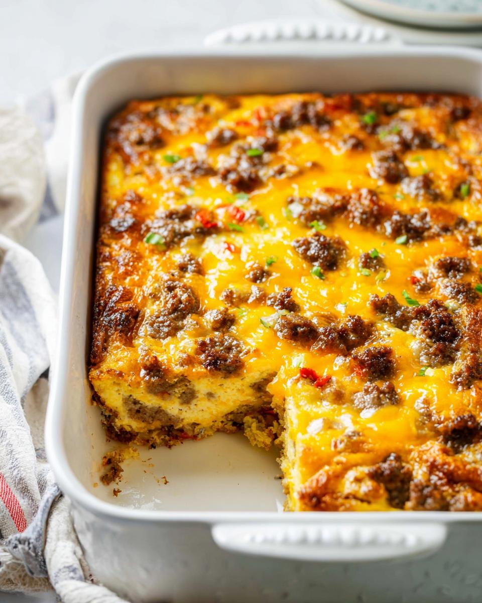 A hearty sausage breakfast casserole with melted cheese, baked in a white dish, with a slice removed.