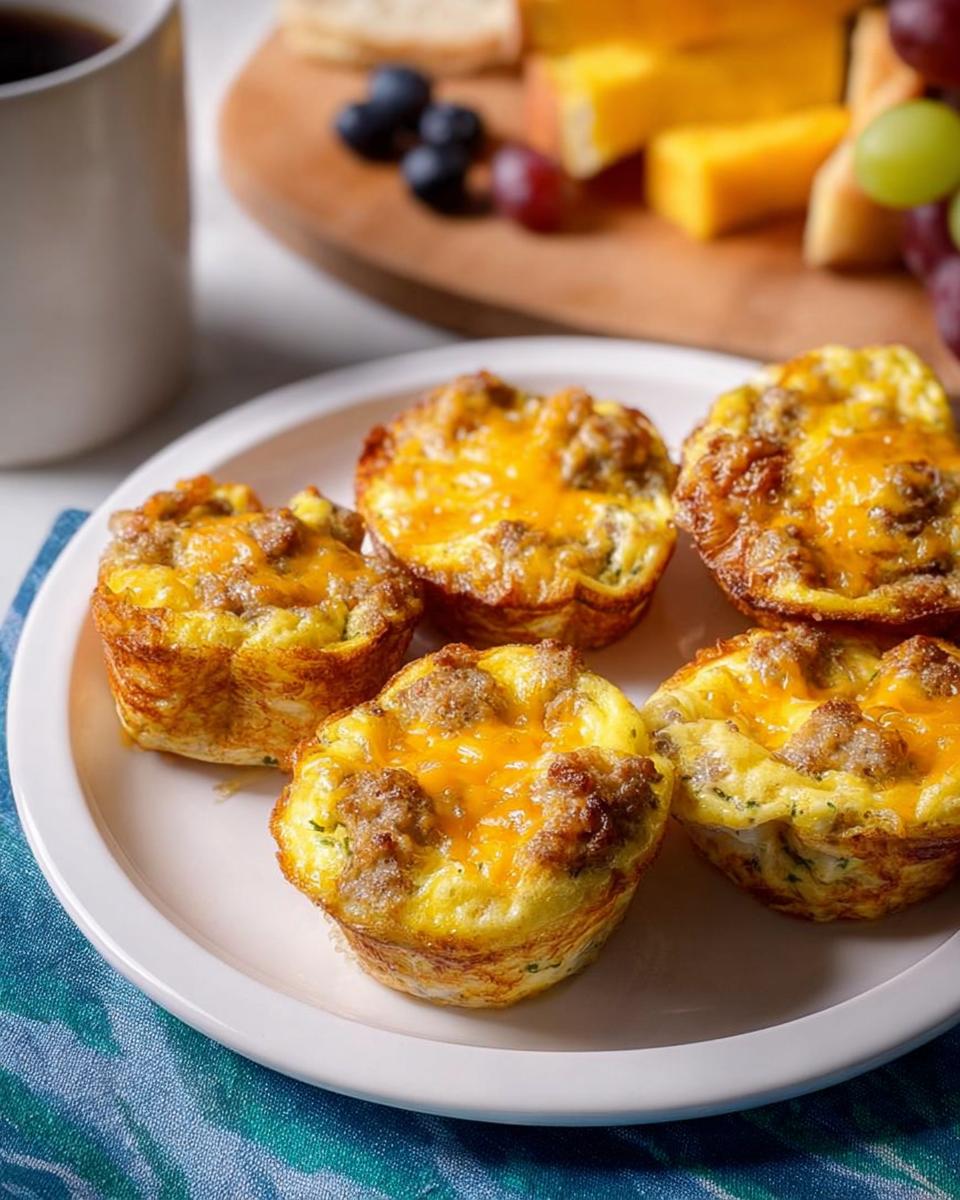 Five savory sausage and cheese egg muffins on a white plate, part of 20-Ingredient Breakfast Ideas.