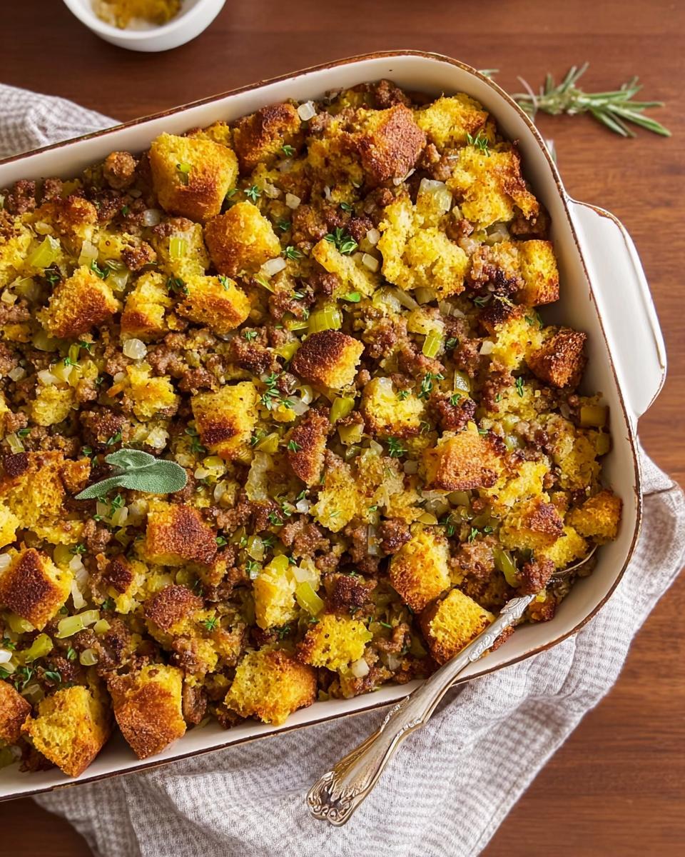 A close-up of a baking dish filled with delicious sausage and cornbread stuffing, a perfect side dish for busy weeknights.